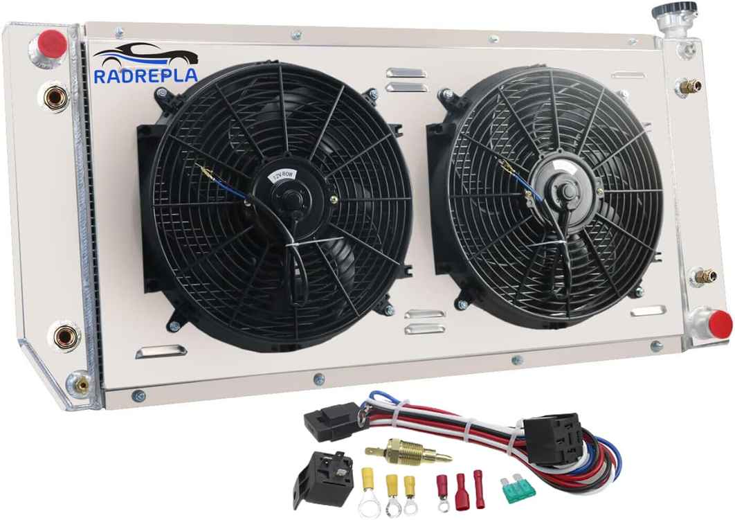 SBR1520 4 Row Radiator for 1988-2000 Chevy/GMC C/K 1500, 2500, 3500 Truck - Fits 5.7-7.4L V8 Engine - Aluminum Crossflow Radiator - Includes 2x14 Inch Fans, Shroud, Thermostat Relay Kit